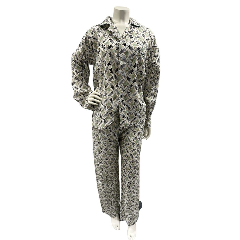 VTG Slumberite 60s/70 Green Tan White Cross Stitch Pattern Collared Pajamas Set